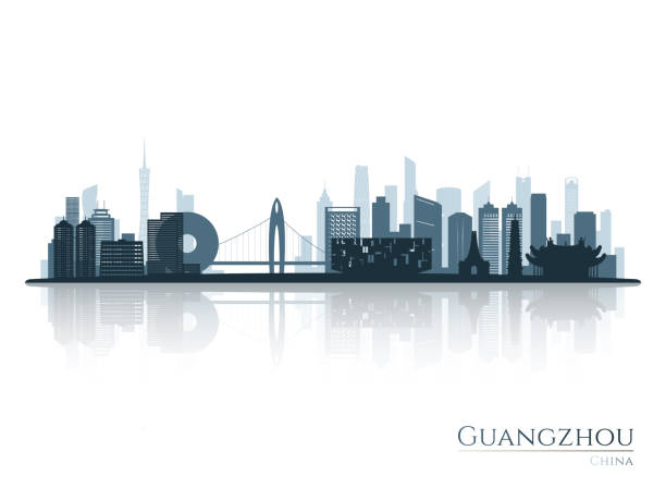 guangzhou skyline silhouette mit reflexion. landschaft guangzhou, china. vektordarstellung. - guangzhou stock-grafiken, -clipart, -cartoons und -symbole