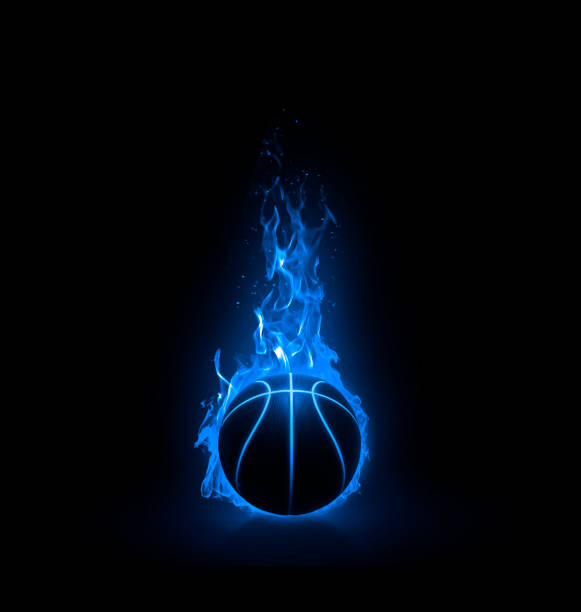 istock Basketball on light blue flames on black background. 3d render 1442050429