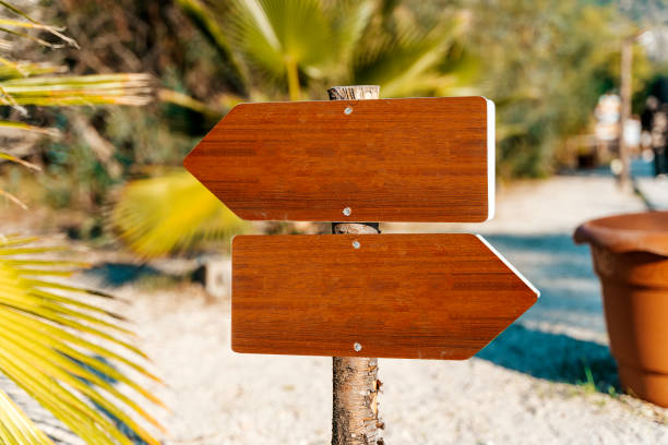 istock Blank signpost board on the summer beach. Empty wooden information guidepost on the way. Destination, choice concept 1442051472