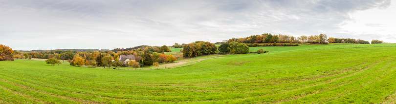 Panoramic rural autumn landscape in North Rhine Westphalia in Germany. Farmland in the middle of a green field.
