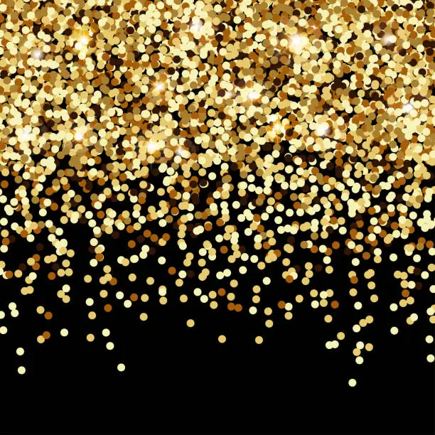 Vector illustration of Falling golden glitter lights on black background.