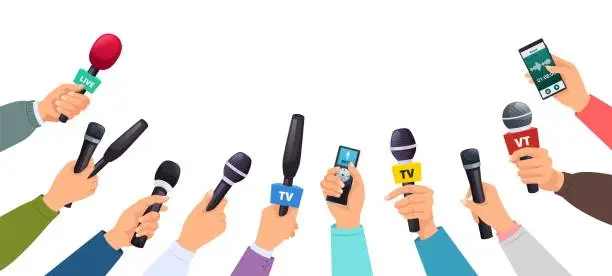 Vector illustration of Press conference. News reporters and journalists hands with microphones record broadcaster announcement talks vector illustration
