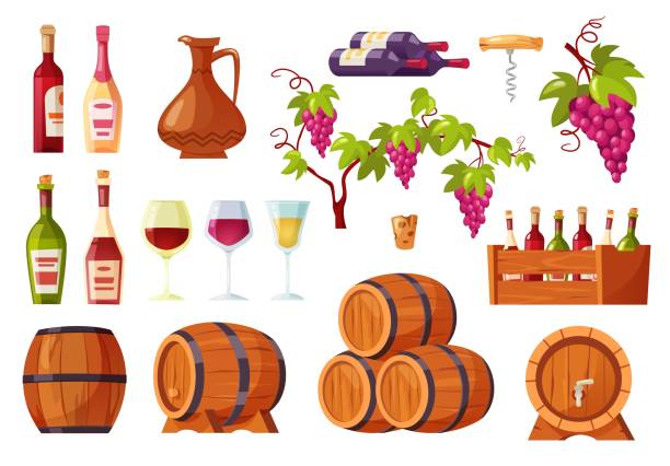 ilustraciones, imágenes clip art, dibujos animados e iconos de stock de vino de dibujos animados. botellas y barriles de alcohol, sacacorchos de madera, racimo de uvas y copas de vino aislado conjunto vectorial - cork wine corkscrew old