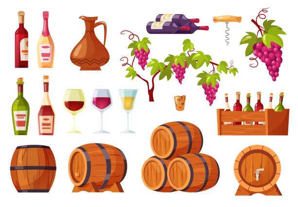 illustrazioni stock, clip art, cartoni animati e icone di tendenza di vino dei cartoni animati. bottiglie e botti di alcol, cavatappi di legno, grappoli d'uva e bicchieri di vino isolati vettoriali - champagne cork isolated single object