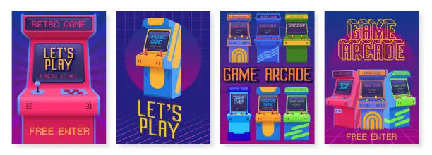 Vector illustration of Retro gaming posters. Arcade game event invitation flyer, lets play poster with old gaming machines vector set