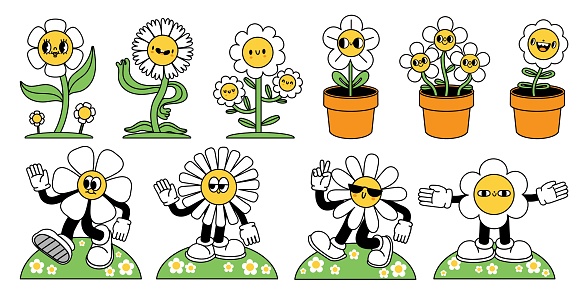 Cartoon flower mascot. Happy daisy in pot, cool spring mascot and retro flowers characters with hands and legs vector set. Green lawn or garden with plants with different facial expressions