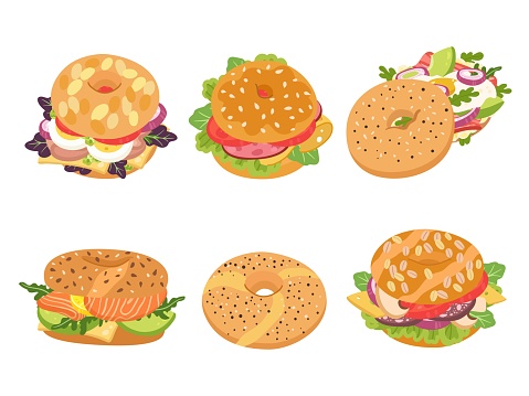 Cartoon bagel. Lunch food donut sandwich, gourmet restaurant breakfast bagels with cheese, salmon and avocado vector set.Meat, fish and vegetable ingredients for snack as salami, egg and tomato