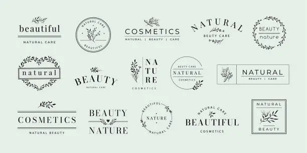 Vector illustration of Beauty product label. Natural cosmetic tag with floral ornaments, elegant spa and care labels marketing design vector set