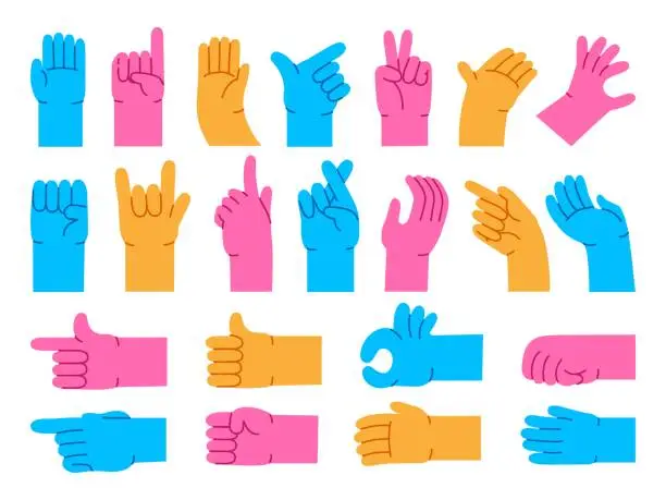 Vector illustration of Cartoon hand gestures. Different abstract arms, color pointing hands, ok and thumb up for characters design vector Illustration set