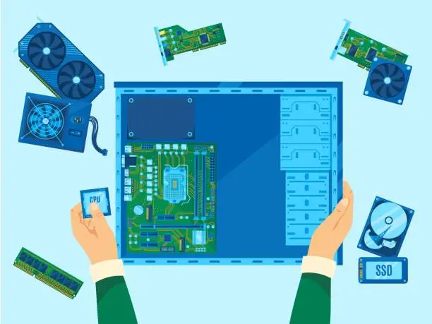 Vector illustration of Computer assembly. Pc building, hardware repair or CPU upgrade. Personal computer components installation to case vector illustration