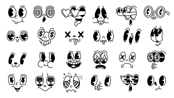 Retro 1930s facial expressions. Mascot faces for old animation characters, funny face with fire, heart and star shaped eyes vector set Retro 1930s facial expressions. Mascot faces for old animation characters, funny face with fire, heart and star shaped eyes vector set. Happy and sad caricatures with dollar signs, lightning 1930s style stock illustrations