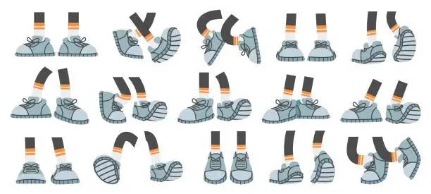 Vector illustration of Cartoon foots with sneakers. Comic legs with shoes in walk, stand and jump poses. Stick feet with footwear, limbs for character design vector set