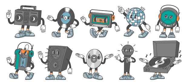 Retro music characters. Disco ball mascot, vinyl record, 80s cassette and CD. Turntable, tape and compact disk players. Analogue audio vector set. Funny smiling loudspeaker, microphone