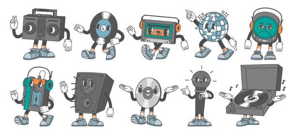 Retro music characters. Disco ball mascot, vinyl record, 80s cassette and CD. Turntable, tape and compact disk players. Analogue audio vector set Retro music characters. Disco ball mascot, vinyl record, 80s cassette and CD. Turntable, tape and compact disk players. Analogue audio vector set. Funny smiling loudspeaker, microphone boom box stock illustrations