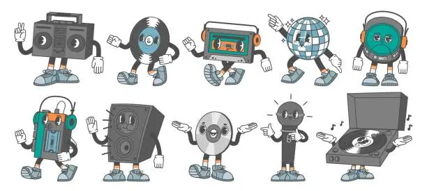 Vector illustration of Retro music characters. Disco ball mascot, vinyl record, 80s cassette and CD. Turntable, tape and compact disk players. Analogue audio vector set