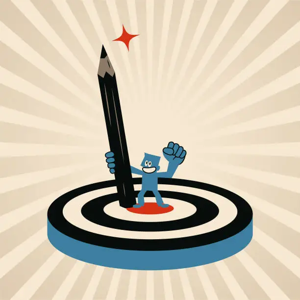 Vector illustration of A man stands on a big dartboard and holds a big pencil, the concept of Accurate Writing