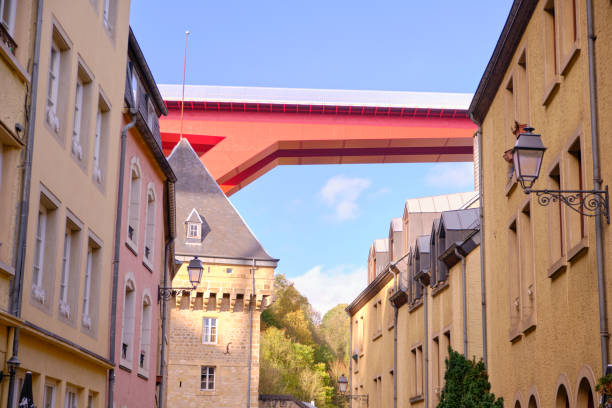 street view from downtown Luxembourg looking up to the Red Bridge