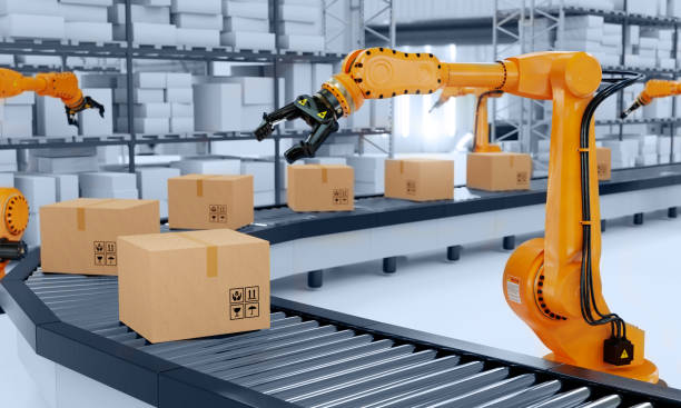 istock Industrial robot arm grabbing the cardboard box on roller conveyor rack with storage warehouse background. Technology and artificial intelligence innovation concept. 3D illustration rendering 1442064282