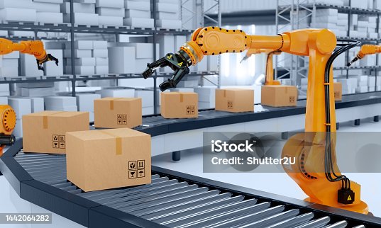 istock Industrial robot arm grabbing the cardboard box on roller conveyor rack with storage warehouse background. Technology and artificial intelligence innovation concept. 3D illustration rendering 1442064282
