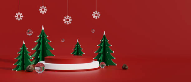 istock Christmas banner with podium, Christmas trees, snowflakes, and empty space on red background 1442066024