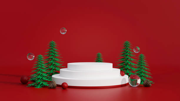 istock Christmas background with white pedestal, Christmas trees, bubbles and decor on red background 1442066025
