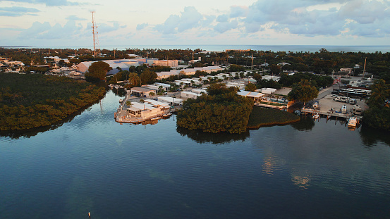The Florida Keys - Isla Morada coastline drone view at sunset