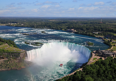 Aerial view of Horseshoe Falls including Hornblower Boat sailing on Niagara River, Canada and USA natural border