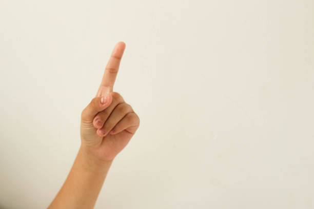 istock Female hand with index finger pointing up. number one.Isolated on white. copy space. 1442076980