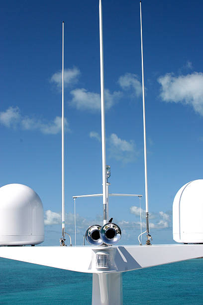 Satellite equipment and horn on boat stock photo