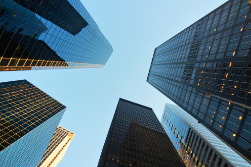 Skyscrapers in the downtown district of New York view from below