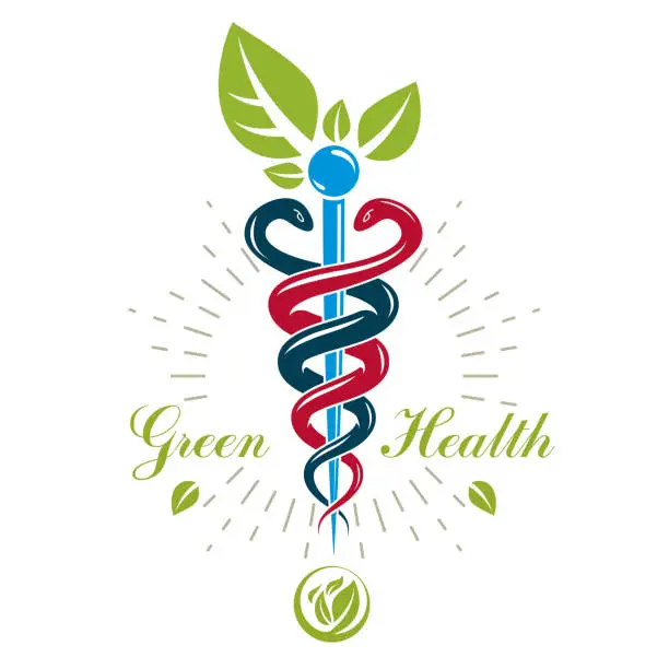 Vector illustration of Caduceus medical symbol, graphic vector emblem for use in healthcare. Phytotherapy metaphor.