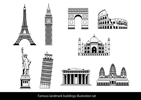 World famous buildings vector illustration set ( world heritage ) | Statue of liberty, Eiffel tower etc