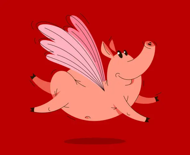 Vector illustration of Funny cartoon pig with butterfly wings flying easy vector illustration, animal character swine drawing.
