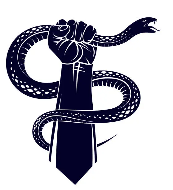 Vector illustration of Hand squeezes a snake, fight against evil devil and Satan, control your inner beast animal, archetype shadow, life is a fight concept, vintage vector logo or tattoo.