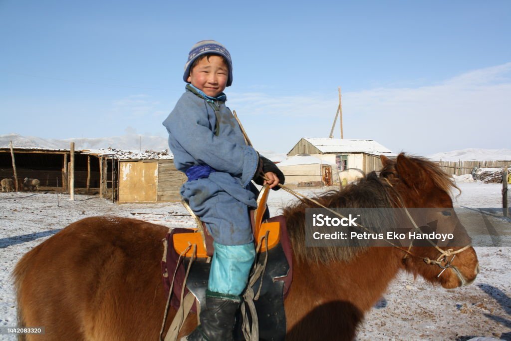 A child rides a Takhi horse, Tuv region, Mongolia. A child rides a Takhi horse, Tuv region, Mongolia. The nomadic children begin to ride the horses when they are 3-5 years old. Rural Scene Stock Photo