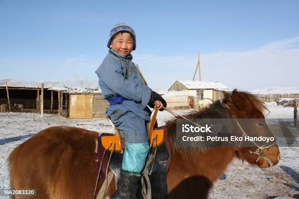 A Child Rides A Takhi Horse Tuv Region Mongolia Stock Photo - Download Image Now - Rural Scene, Animal, Animal Behavior