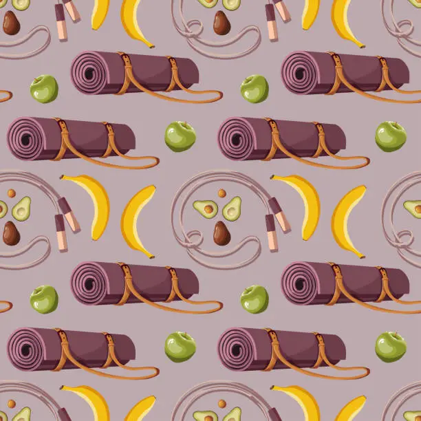 Vector illustration of Seamless pattern with skipping rope, yoga mat, avocado.