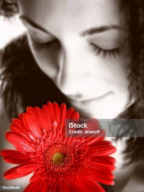 Девушка С Красный Цветок — стоковые фотографии и другие картинки Блестящий - Блестящий, Бровь, В профиль