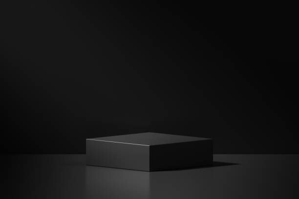 istock Black elegant podium stage background 3d presentation scene with abstract light empty pedestal show product platform or luxury modern dark studio mockup space and minimal display stand blank concept. 1442085187
