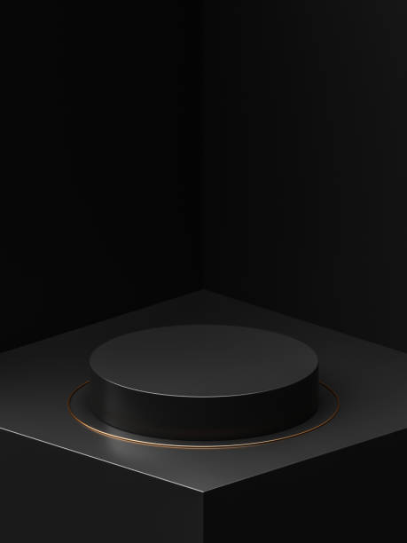 Black elegant podium 3d showcase stand background with empty dark presentation platform scene or show stage pedestal luxury product display and blank cosmetic banner premium studio room wall concept. elegante podio negro 3d fondo de stand de exhibición con escena de plataforma de presentación oscura vacía o exhibición de productos de lujo de pedestal de escenario y banner cosmético en blanco concepto de pared de sala de estudio premium.