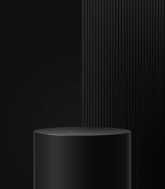 istock Empty black podium pedestal backdrop stage on 3d background of modern product display studio scene platform or presentation showcase room abstract wall stand and luxury cosmetic show mockup template. 1442085189