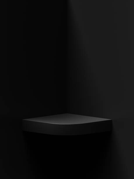 Black corner room wall interior blank shelf on dark 3d background of luxury advertising product display banner platform table studio or elegant podium stage scene bookshelf pedestal stand showcase.