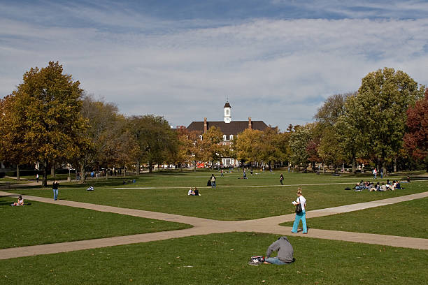 Students enjoy a fall day on the university quad