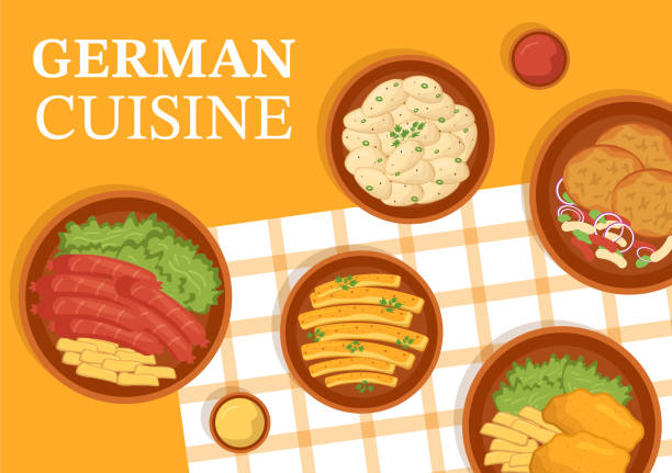 ресторан немецкой кухни с коллекцией вкусной традиционной кухни и напитков в плоском мультфильме рисованные шаблоны иллюстрация - meat bratwurst sausage sauerkraut stock illustrations
