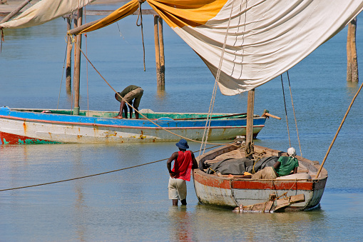Fishermen and their traditional sail boats (dhows), Vilanculos coastal sanctuary, Mozambique, southern Africa
