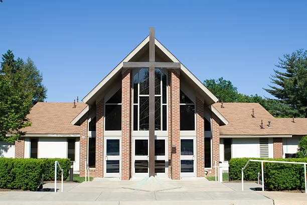 istock Front of Modern Church with Large Cross, Blue Sky 144208908