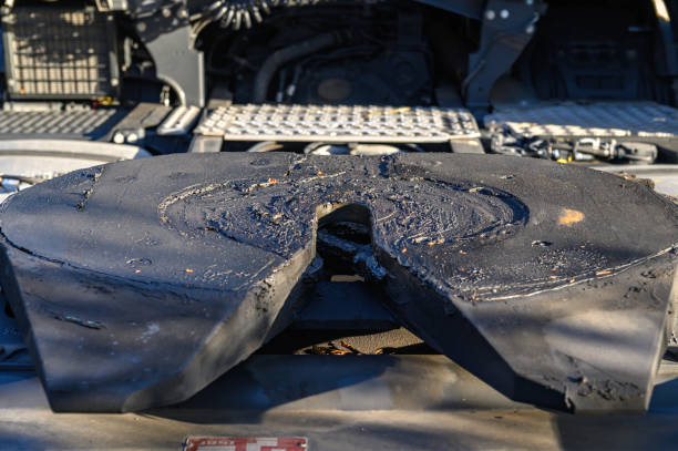 close-up of the fifth-wheel coupling or hitch point of a truck trailer at the back of the tractor unit, on the wheels, in a circular shape in a hole for the spike to enter, full of fat, cold and black. transport, truck, trailer close-up of the support or hitch point of a truck trailer at the back of the tractor unit, on the wheels, in a circular shape in a hole for the spike to enter, full of grease, cold and black. transport, truck, trailer, in the rear of the cab or tractor head of a truck. coupling stock pictures, royalty-free photos & images