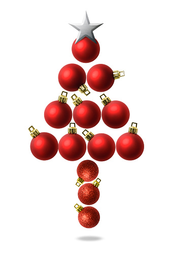 Christmas tree made from red Christmas balls with silver star, floating in mid-air against white background.