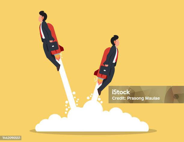 Flying Up Businessman Flying Up By Rocket Stock Illustration - Download Image Now ...