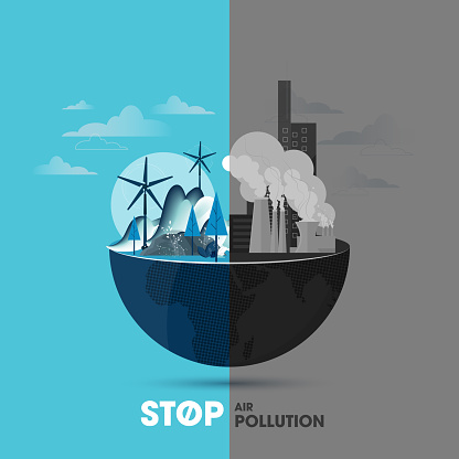 Environmental disaster. Dirty planet Earth. Industrial pollution, garbage dumps, deforestation, pollution of the world's oceans, waste water, atmospheric pollution, global climate change. Vector concept